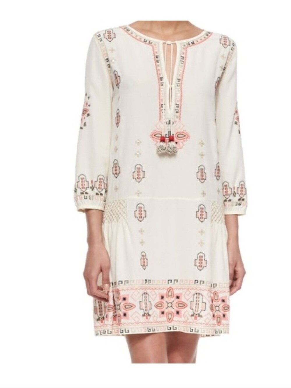 Calypso St. Barth Nona Silk Cream Tunic Dress Multicolor Cross Stitch M